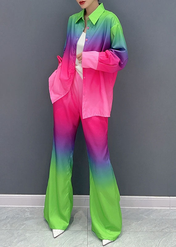 Gradient Color Button Shirts and Wide Leg Pants Two Piece Set Long Sleeve