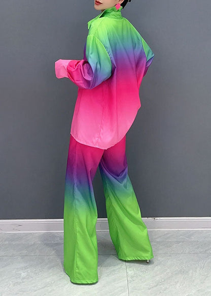 Gradient Color Button Shirts and Wide Leg Pants Two Piece Set Long Sleeve