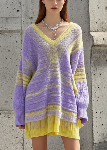 Gradient Color V Neck Cozy Loose Sweater Dress Fall