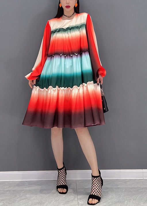 Gradient Color O-neck Ruffled Patchwork a Line Dresses Long Sleeve