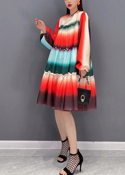 Gradient Color O-neck Ruffled Patchwork a Line Dresses Long Sleeve