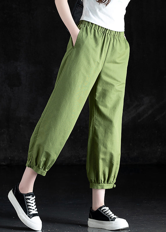 Grass Green Pockets Elastic Waist Linen Crop Pants Fall