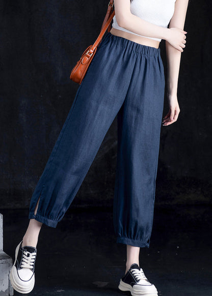 Grass Green Pockets Elastic Waist Linen Crop Pants Fall