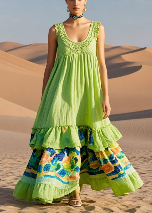 Grass Green Print Cotton Long Dresses Summer