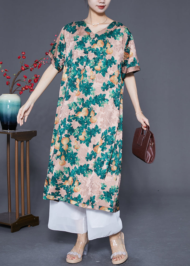Green and Black Print Wear on Both Sides Silk Long Dresses Summer