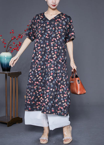Green and Black Print Wear on Both Sides Silk Long Dresses Summer