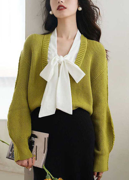 Green Bow Cozy Fake Two Pieces Knit Sweaters Spring