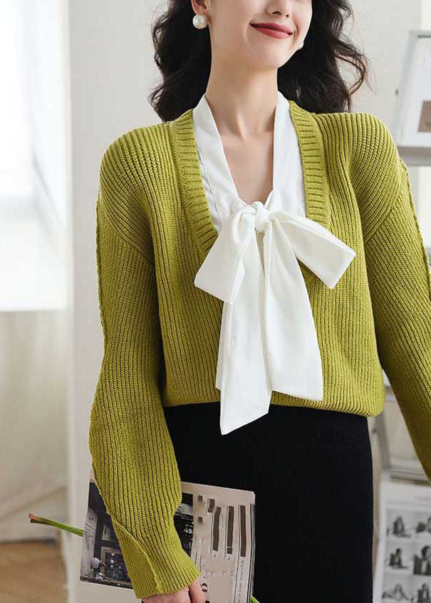 Green Bow Cozy Fake Two Pieces Knit Sweaters Spring