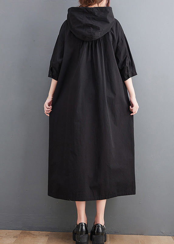 Green Button Neck Tie Cotton Hooded Long Dress Summer