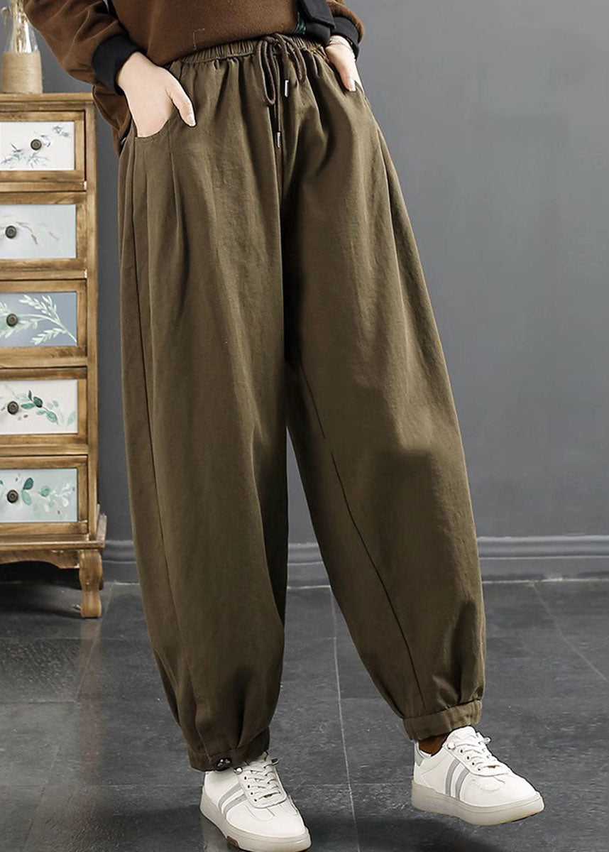 Green Elastic Waist Cotton Beam Pants Fall