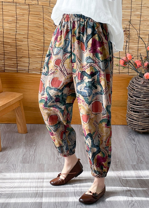 Green Elastic Waist Crop Print Pants