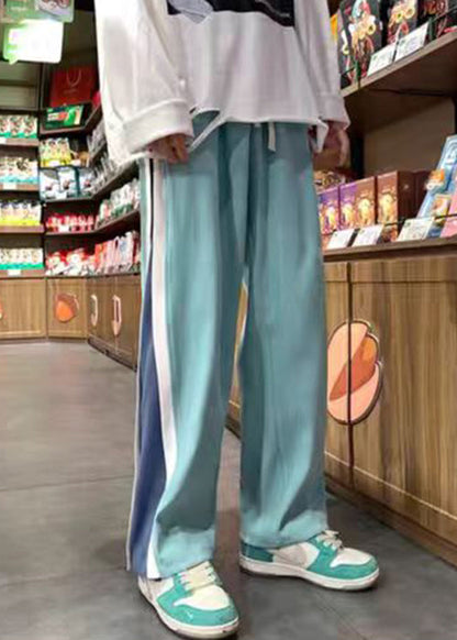 Green Elastic Waist Patchwork Cotton Pants Spring