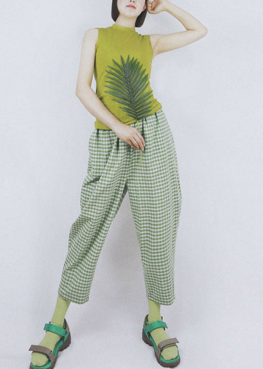 Green Elastic Waist Pockets Plaid Cotton Crop Pants Summer