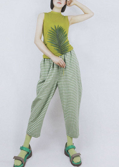 Green Elastic Waist Pockets Plaid Cotton Crop Pants Summer
