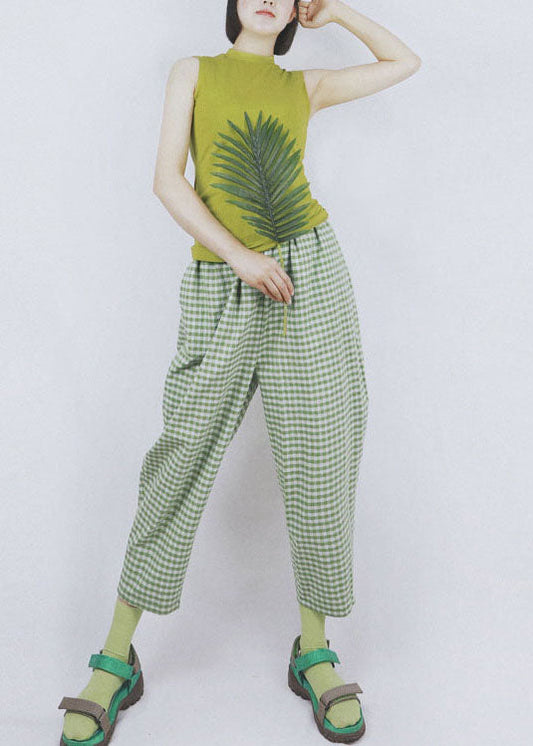 Green Elastic Waist Pockets Plaid Cotton Crop Pants Summer