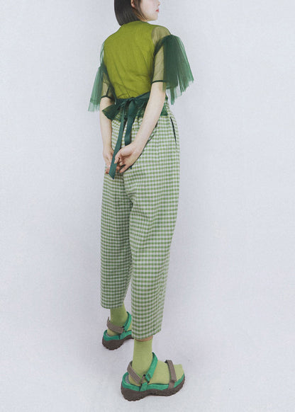 Green Elastic Waist Pockets Plaid Cotton Crop Pants Summer