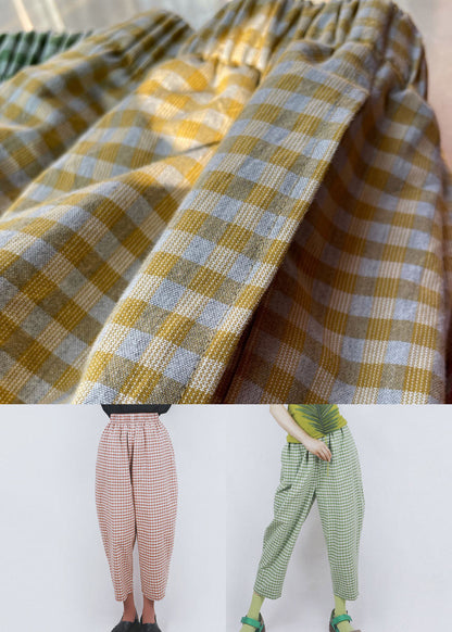 Green Elastic Waist Pockets Plaid Cotton Crop Pants Summer