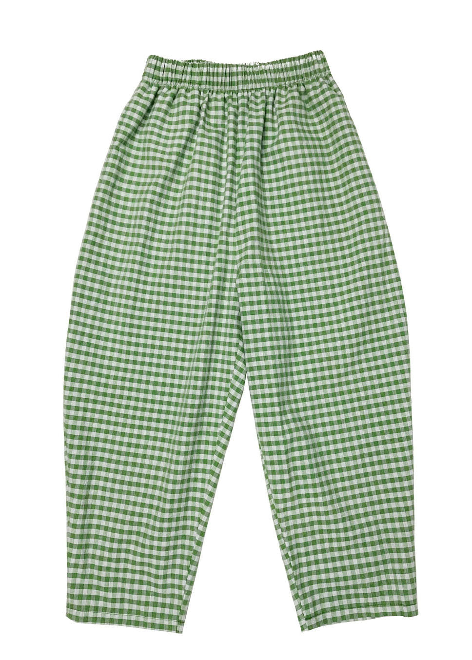 Green Elastic Waist Pockets Plaid Cotton Crop Pants Summer