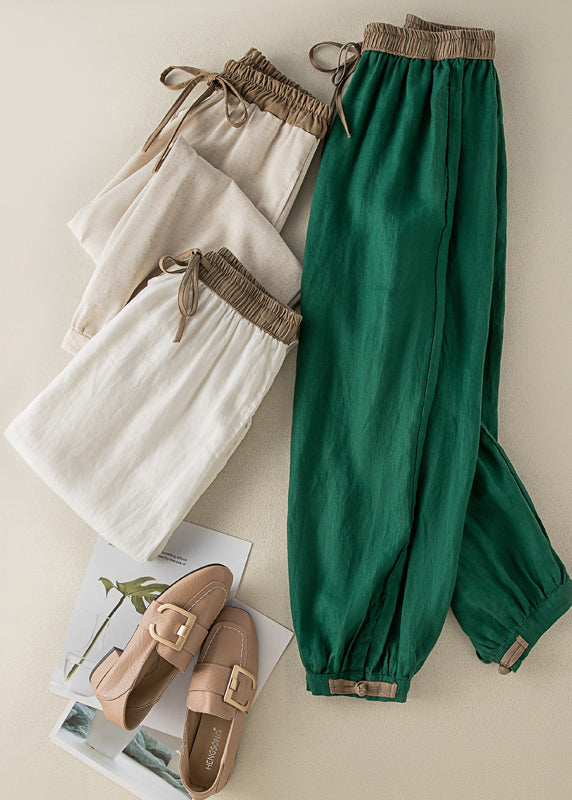 Green Elastic Waist Thin Linen Crop Pants Summer