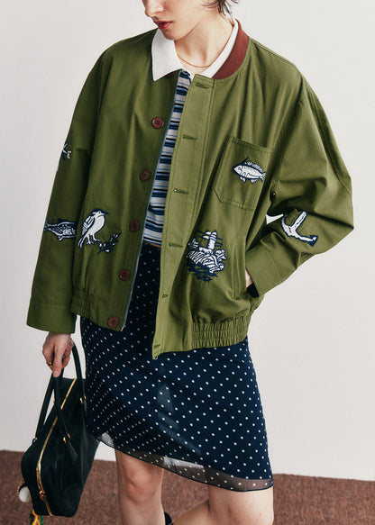 Green Embroidered Pockets Button Cotton Jacket Fall