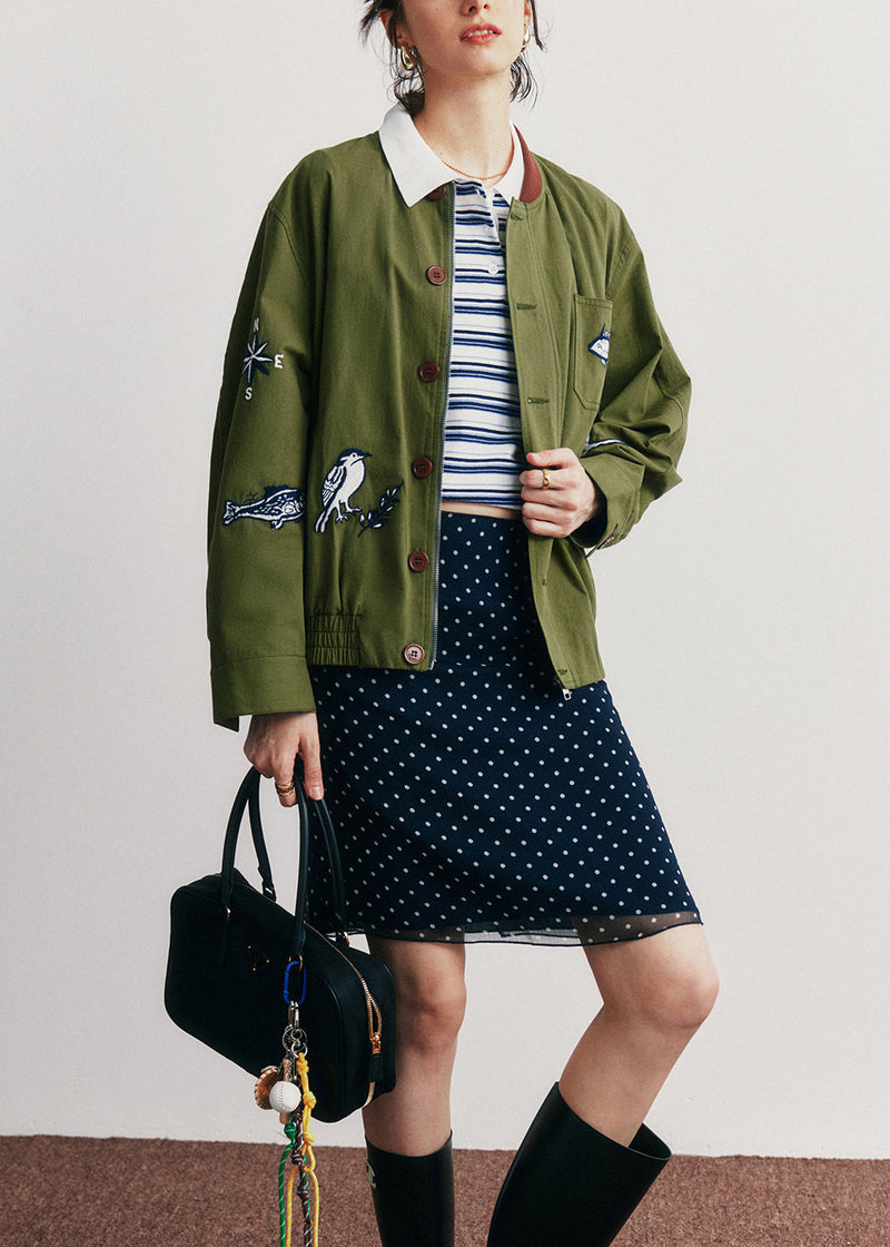 Green Embroidered Pockets Button Cotton Jacket Fall