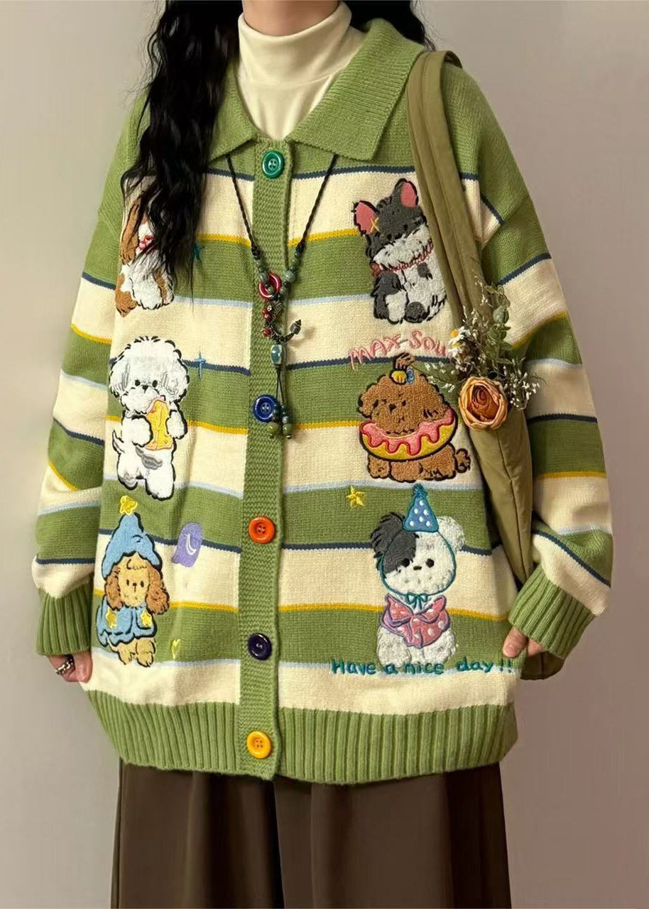 Green Embroidered Striped Knit Coats Spring