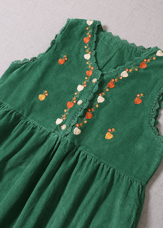 Green Embroideried Patchwork Corduroy Vacation Dresses Sleeveless