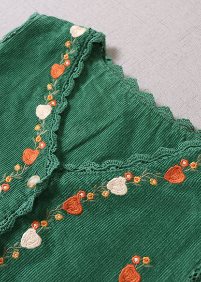 Green Embroideried Patchwork Corduroy Vacation Dresses Sleeveless