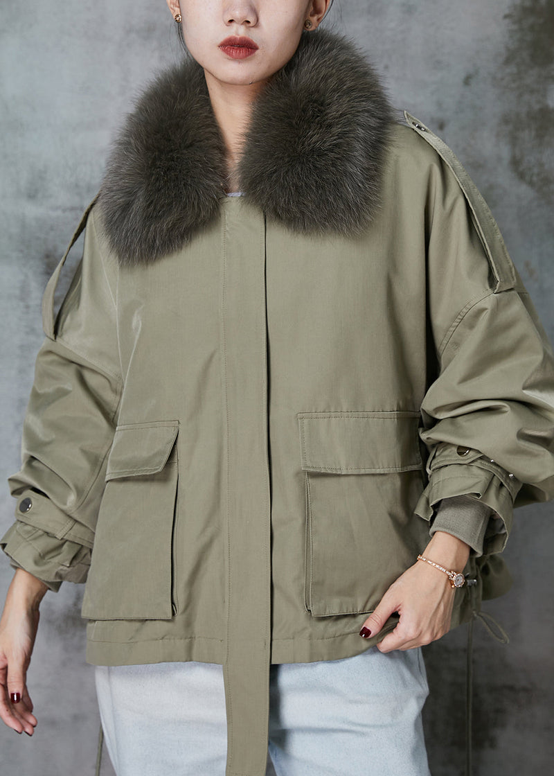 Green Fox Collar Fuzzy Rabbit Hair Lined Drawstring Coats Spring
