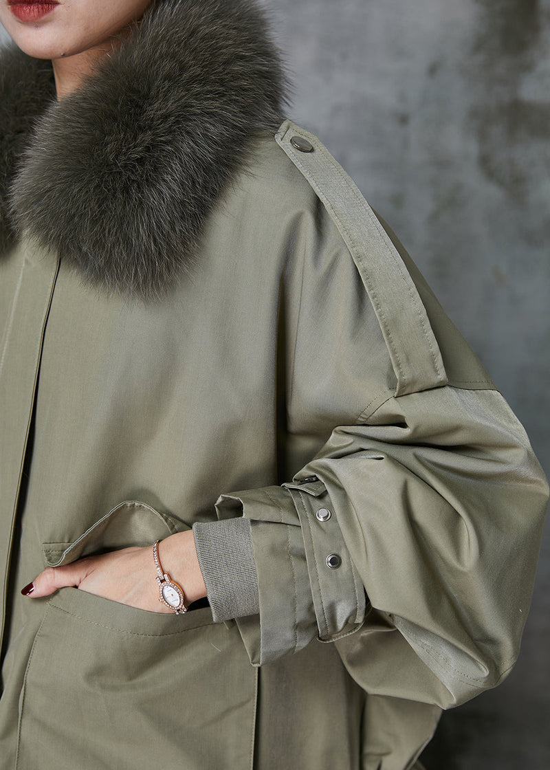 Green Fox Collar Fuzzy Rabbit Hair Lined Drawstring Coats Spring