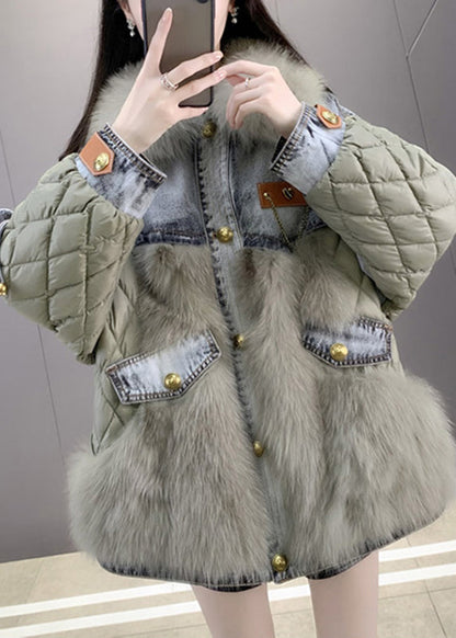 Green Fox Collar Denim Patchwork Button Down Coats Winter