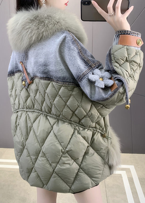 Green Fox Collar Denim Patchwork Button Down Coats Winter