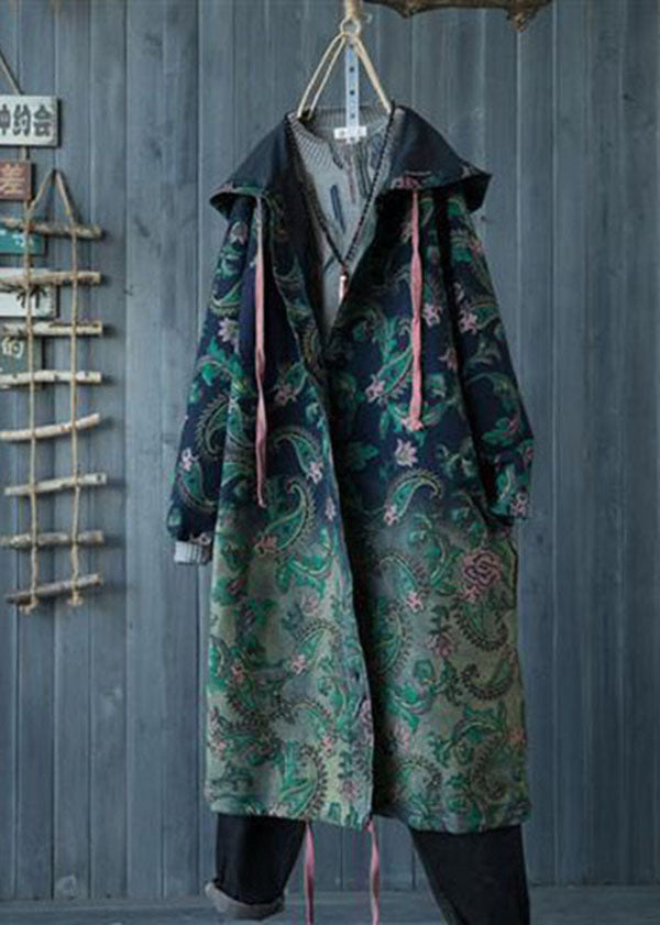 Green Gradient Color Hooded Pockets Print Cotton Denim Trench Spring