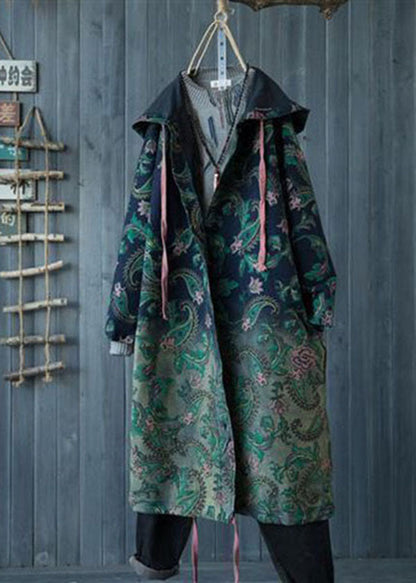 Green Gradient Color Hooded Pockets Print Cotton Denim Trench Spring