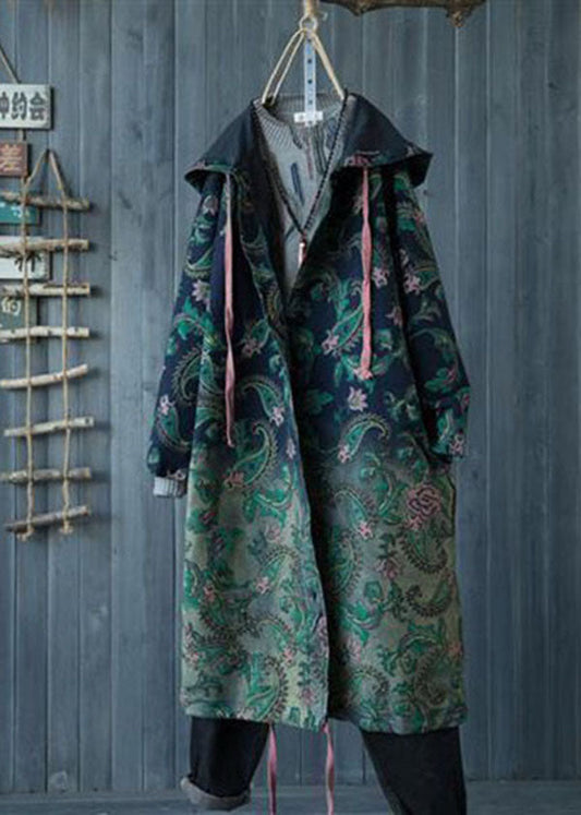 Green Gradient Color Hooded Pockets Print Cotton Denim Trench Spring