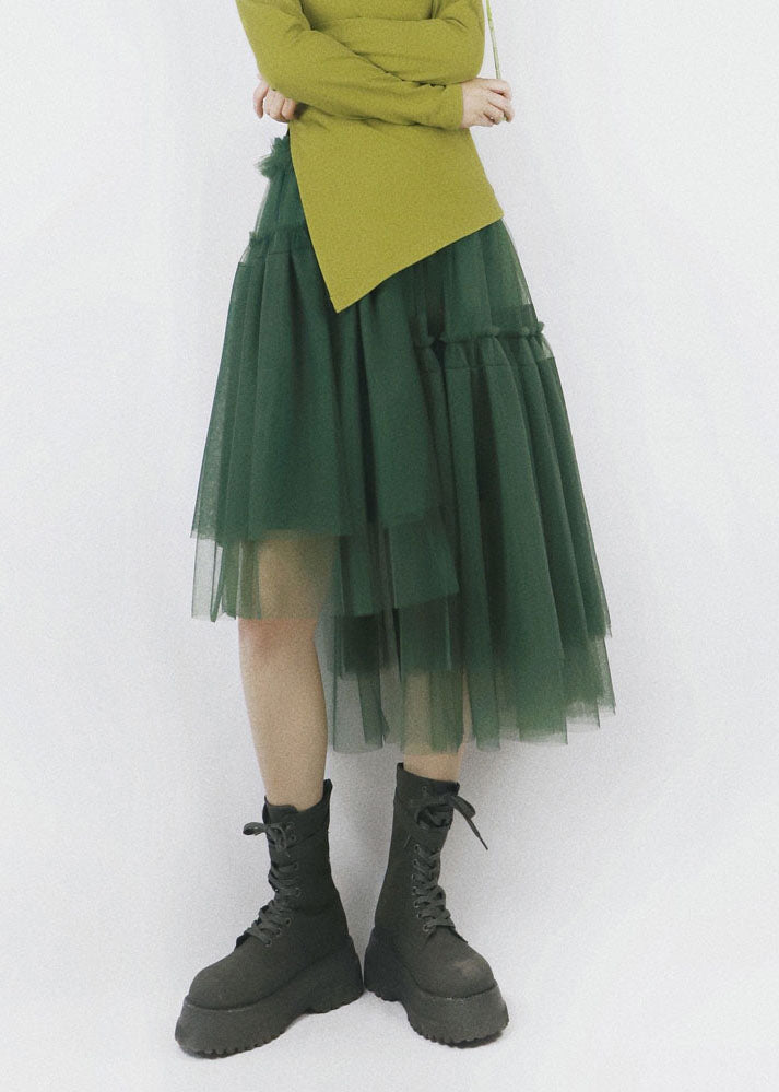 Green High Waist Asymmetrical Patchwork Tulle Pleated Skirt Summer