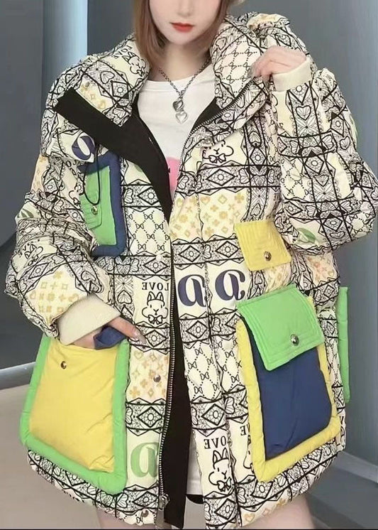 Green Hooded Letter Print Duck Down Down Coat Winter