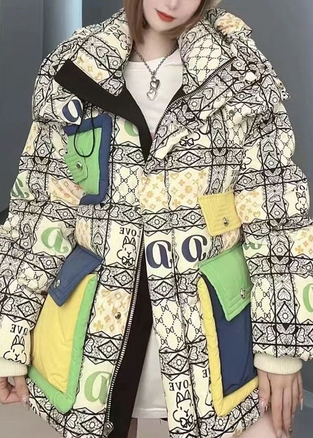 Green Hooded Letter Print Duck Down Down Coat Winter
