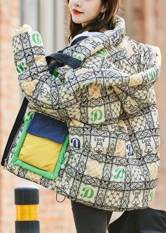 Green Hooded Letter Print Duck Down Down Coat Winter