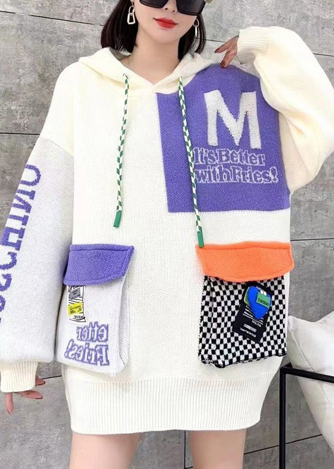 Green Hooded Pockets Patchwork Knit Pullover Spring