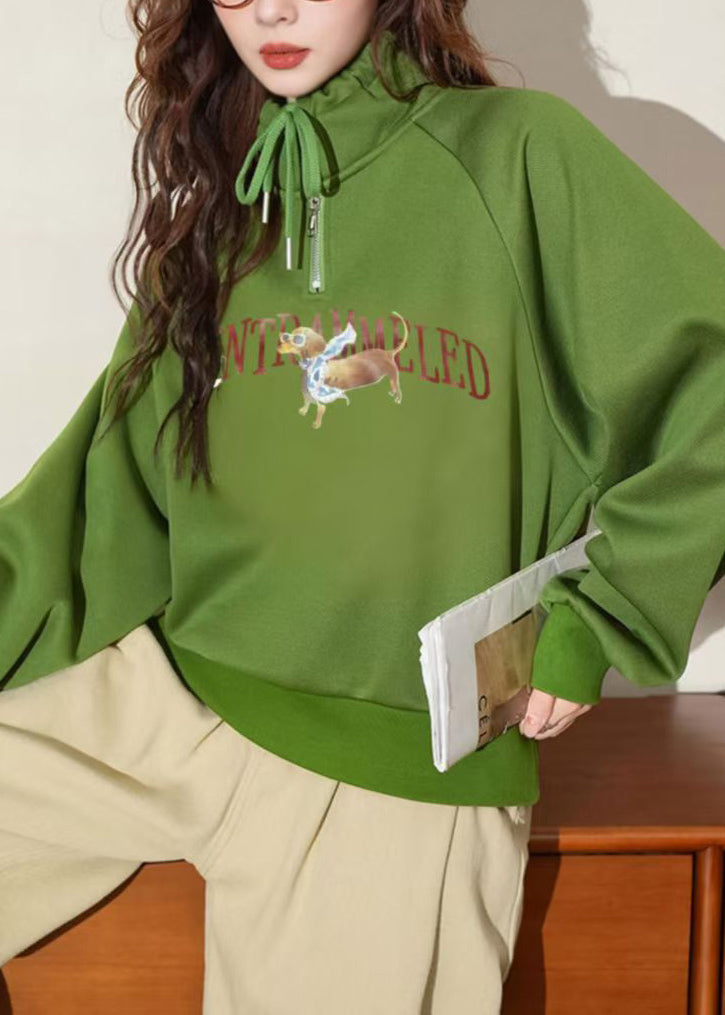 Green Hooded Print Warm Fleece Pullover Winter