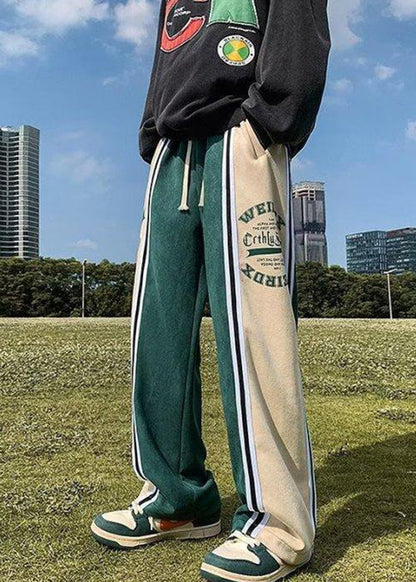 Green Letter Elastic Waist Patchwork Cotton Pants Spring