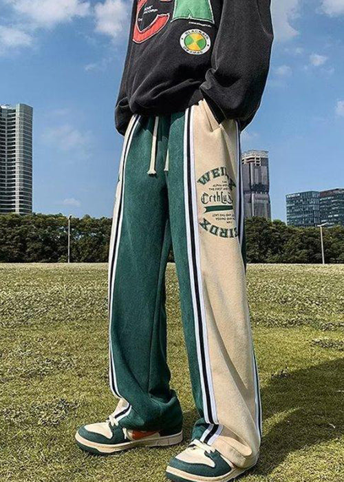Green Letter Elastic Waist Patchwork Cotton Pants Spring