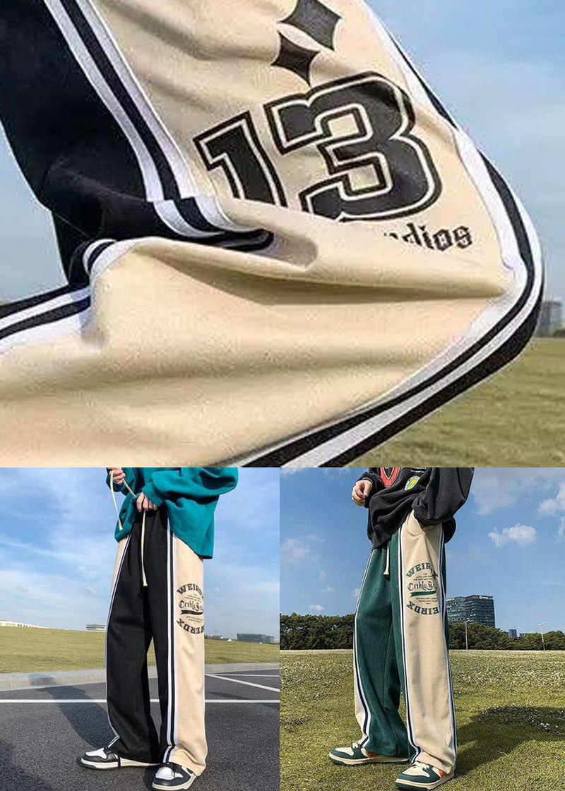 Green Letter Elastic Waist Patchwork Cotton Pants Spring