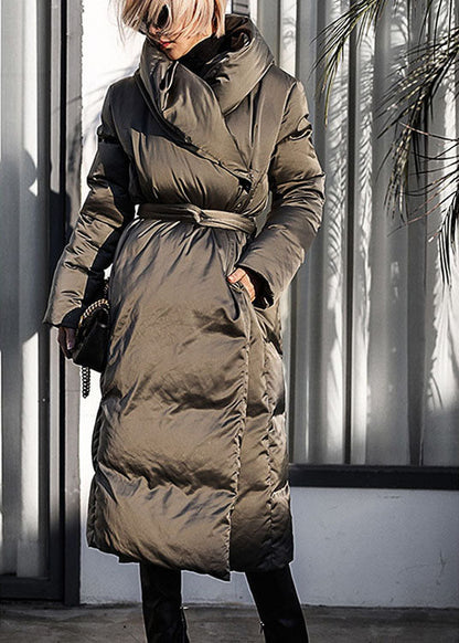 Green Loose Thick Tie Waist Winter Duck Down Coat