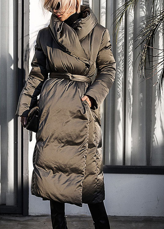 Green Loose Thick Tie Waist Winter Duck Down Coat