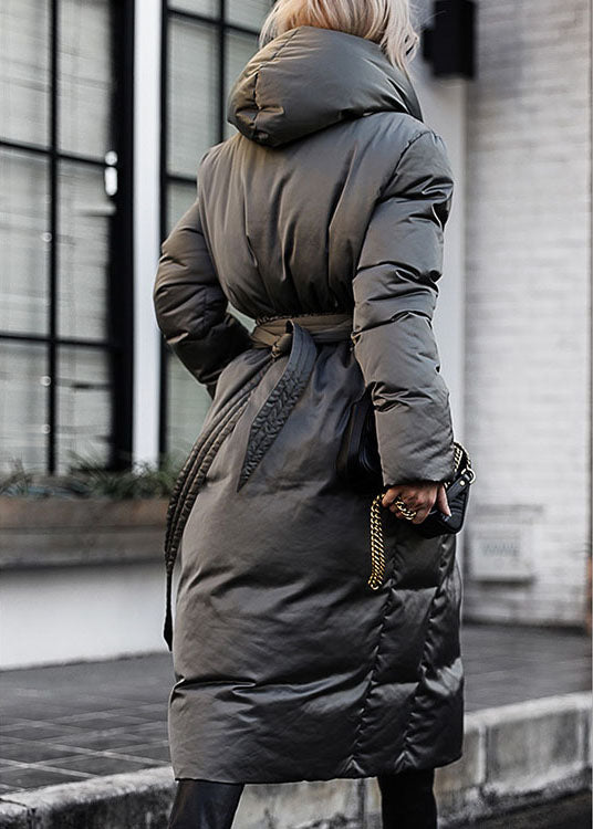 Green Loose Thick Tie Waist Winter Duck Down Coat