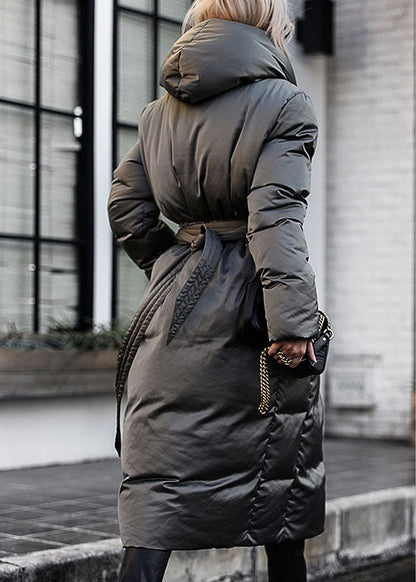 Green Loose Thick Tie Waist Winter Duck Down Coat
