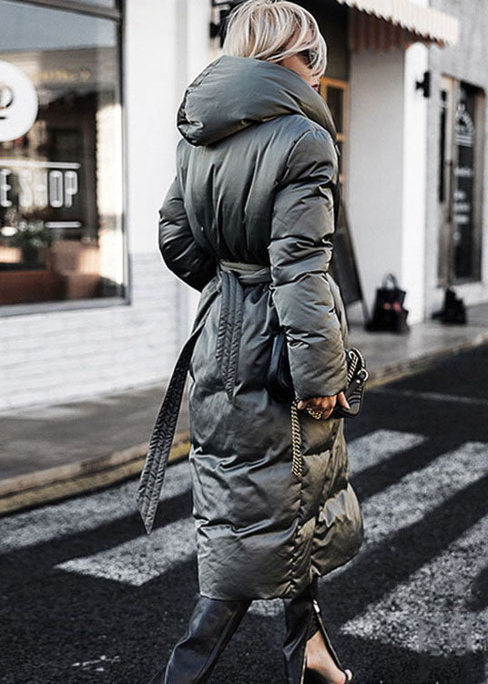 Green Loose Thick Tie Waist Winter Duck Down Coat