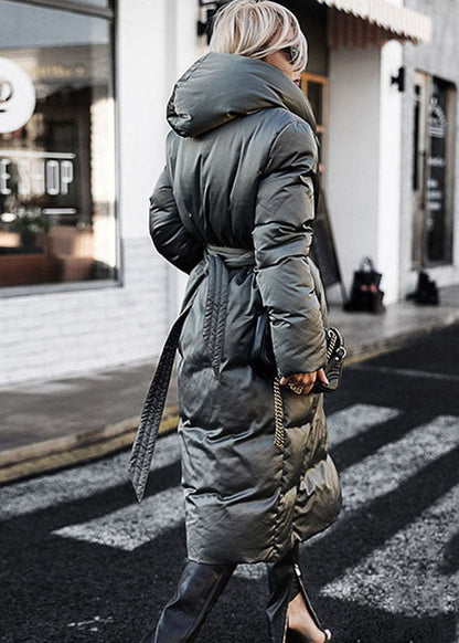 Green Loose Thick Tie Waist Winter Duck Down Coat